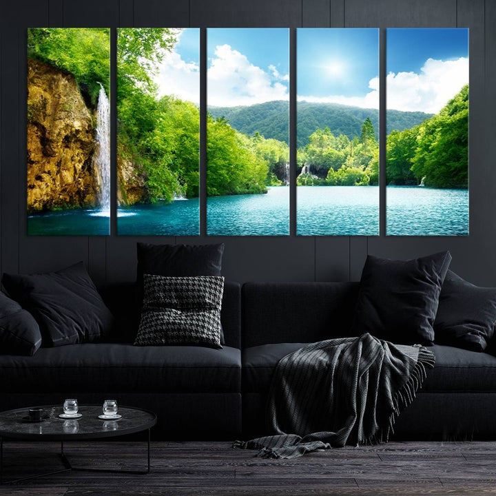 Large Wall Art Waterfall Canvas PrintBig Waterfalls in Forest with Mountain View