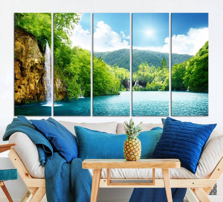 Large Wall Art Waterfall Canvas PrintBig Waterfalls in Forest with Mountain View