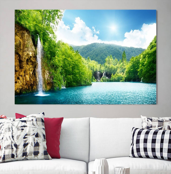 Large Wall Art Waterfall Canvas PrintBig Waterfalls in Forest with Mountain View