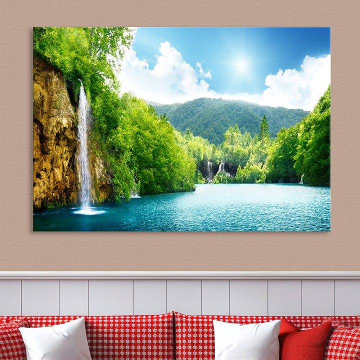 Large Wall Art Waterfall Canvas PrintBig Waterfalls in Forest with Mountain View