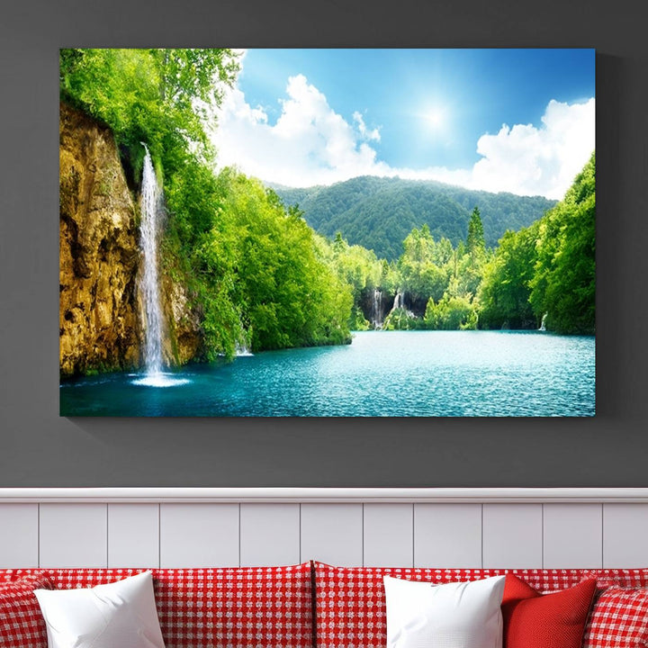 Large Wall Art Waterfall Canvas PrintBig Waterfalls in Forest with Mountain View