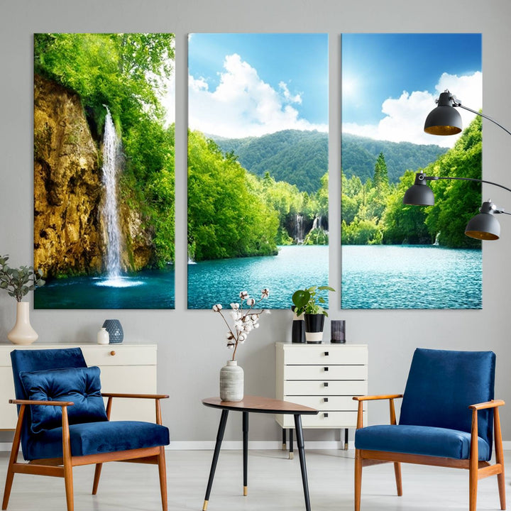 Large Wall Art Waterfall Canvas PrintBig Waterfalls in Forest with Mountain View