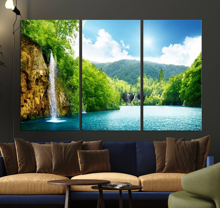 Large Wall Art Waterfall Canvas PrintBig Waterfalls in Forest with Mountain View