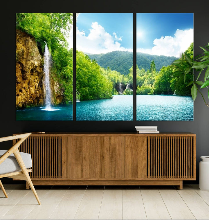 Large Wall Art Waterfall Canvas PrintBig Waterfalls in Forest with Mountain View