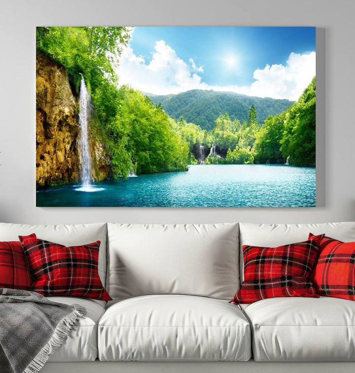 Large Wall Art Waterfall Canvas PrintBig Waterfalls in Forest with Mountain View