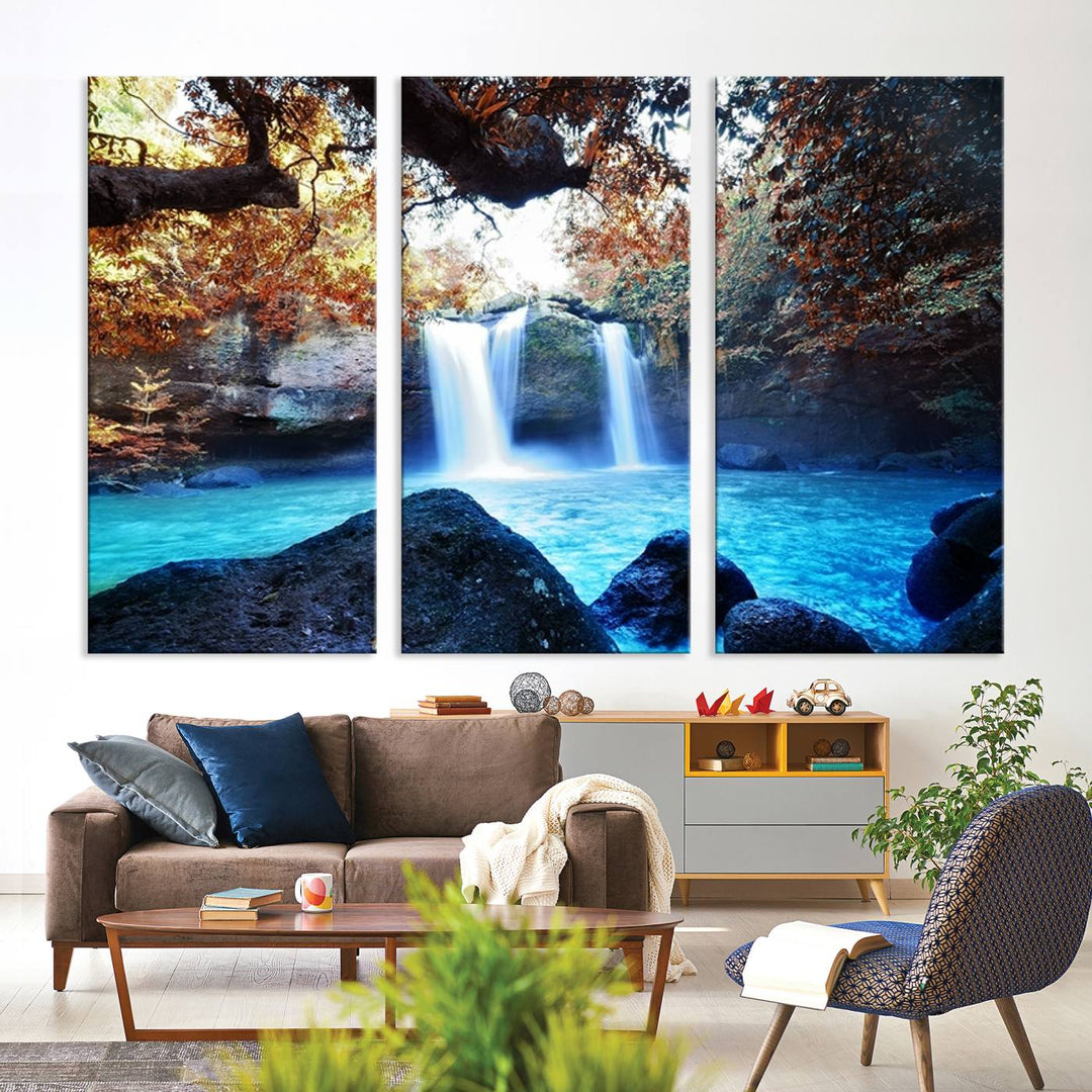 Large Wall Art Waterfall Canvas PrintGreat Double Waterfalls with Bright Water in Forest