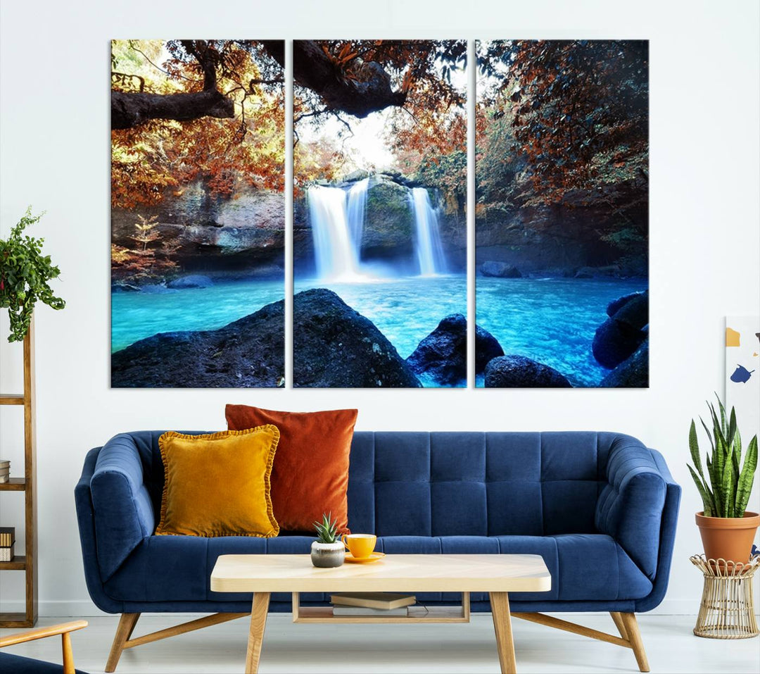 Large Wall Art Waterfall Canvas PrintGreat Double Waterfalls with Bright Water in Forest