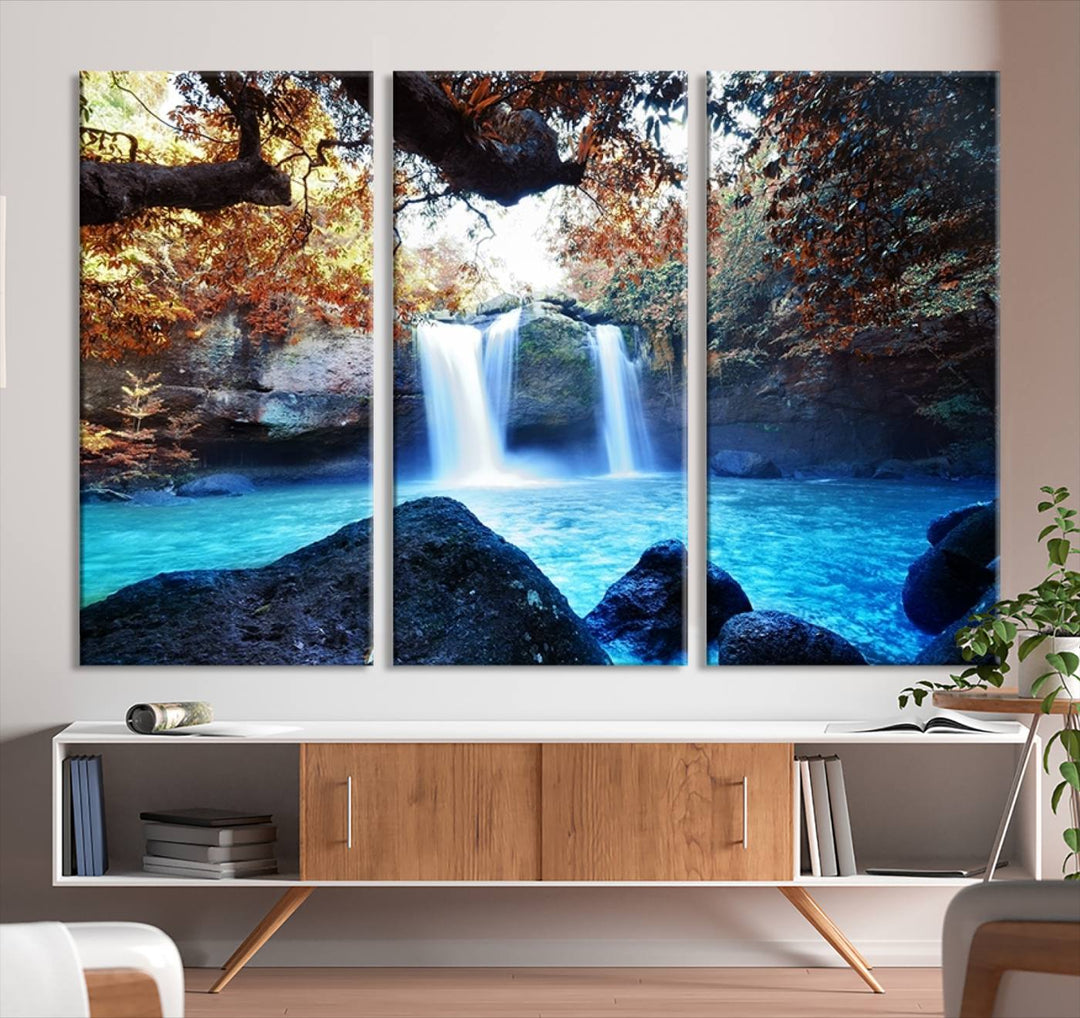 Large Wall Art Waterfall Canvas PrintGreat Double Waterfalls with Bright Water in Forest