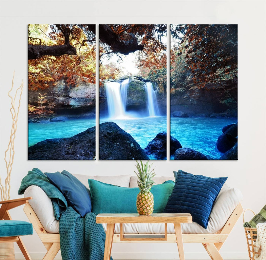 Large Wall Art Waterfall Canvas PrintGreat Double Waterfalls with Bright Water in Forest