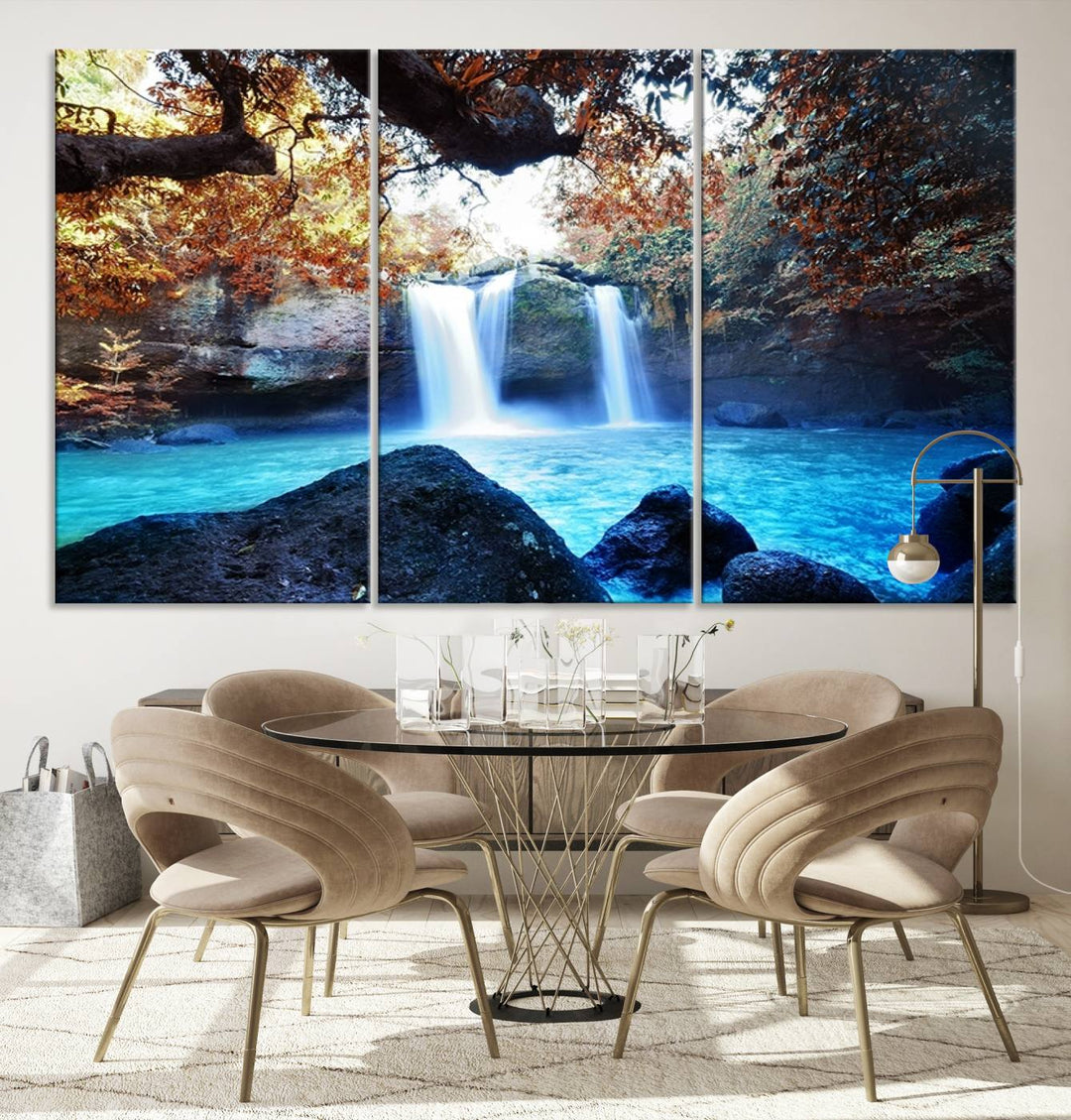 Large Wall Art Waterfall Canvas PrintGreat Double Waterfalls with Bright Water in Forest