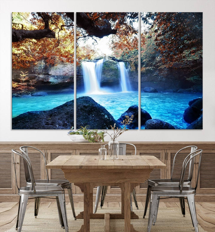 Large Wall Art Waterfall Canvas PrintGreat Double Waterfalls with Bright Water in Forest