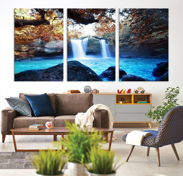 Large Wall Art Waterfall Canvas PrintGreat Double Waterfalls with Bright Water in Forest