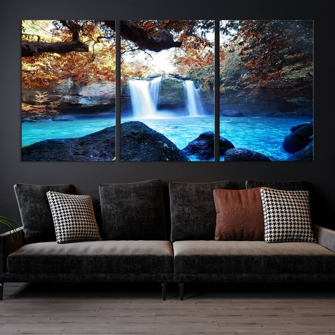 Large Wall Art Waterfall Canvas PrintGreat Double Waterfalls with Bright Water in Forest