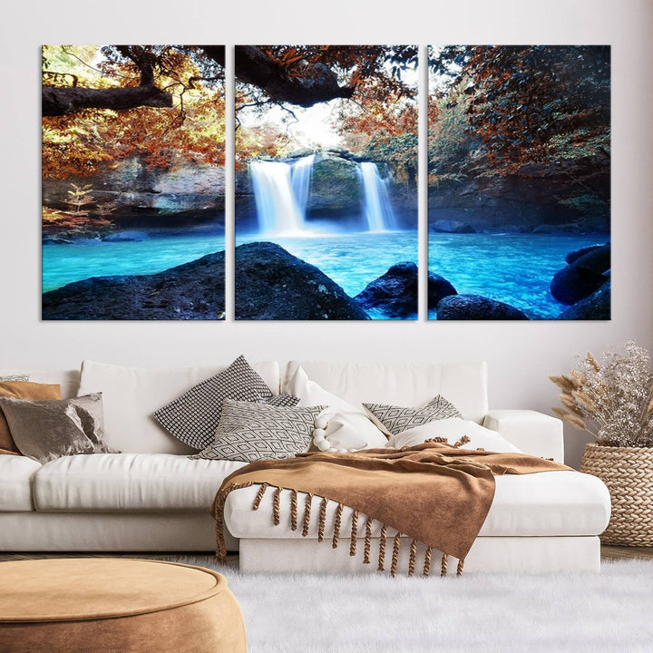 Large Wall Art Waterfall Canvas PrintGreat Double Waterfalls with Bright Water in Forest