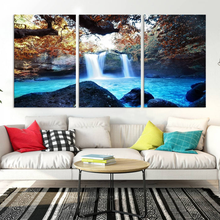 Large Wall Art Waterfall Canvas PrintGreat Double Waterfalls with Bright Water in Forest