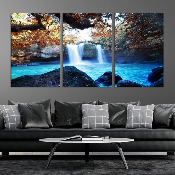 Large Wall Art Waterfall Canvas PrintGreat Double Waterfalls with Bright Water in Forest