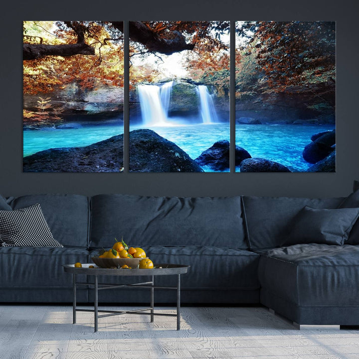 Large Wall Art Waterfall Canvas PrintGreat Double Waterfalls with Bright Water in Forest