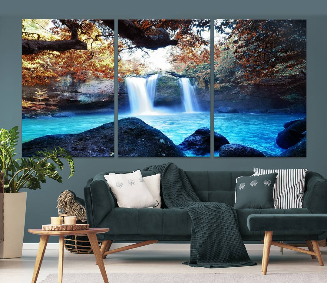 Large Wall Art Waterfall Canvas PrintGreat Double Waterfalls with Bright Water in Forest