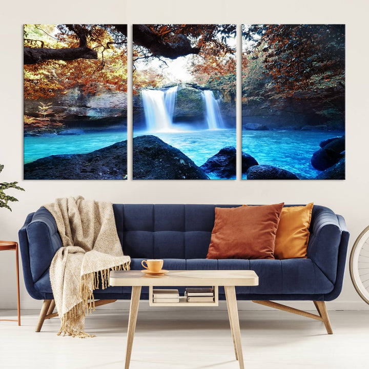 Large Wall Art Waterfall Canvas PrintGreat Double Waterfalls with Bright Water in Forest