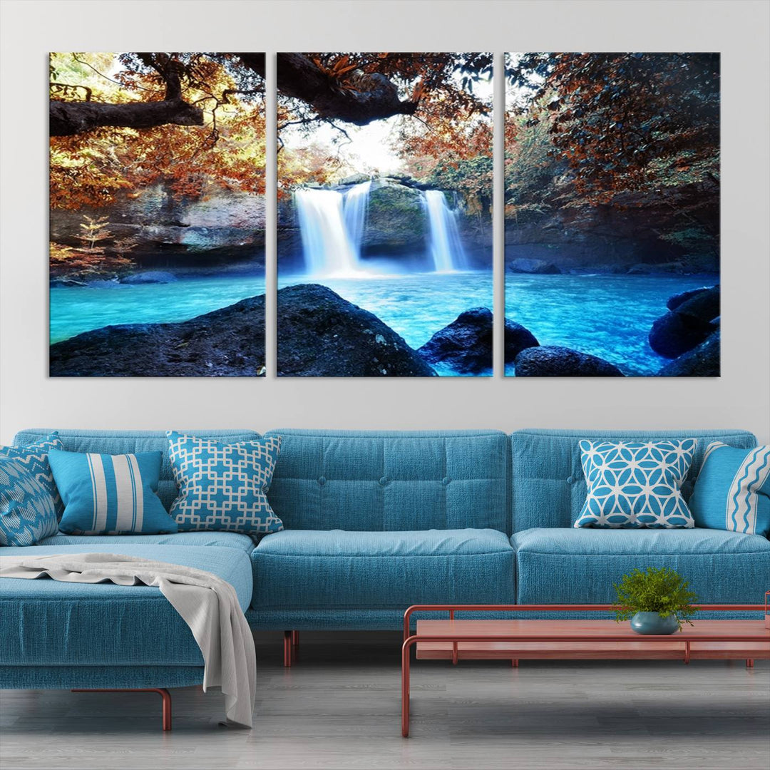 Large Wall Art Waterfall Canvas PrintGreat Double Waterfalls with Bright Water in Forest