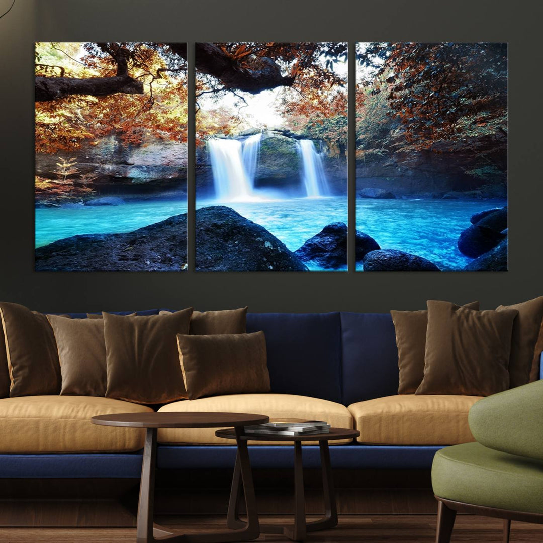 Large Wall Art Waterfall Canvas PrintGreat Double Waterfalls with Bright Water in Forest