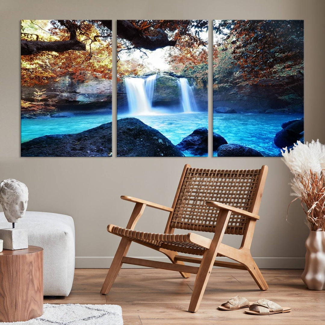 Large Wall Art Waterfall Canvas PrintGreat Double Waterfalls with Bright Water in Forest