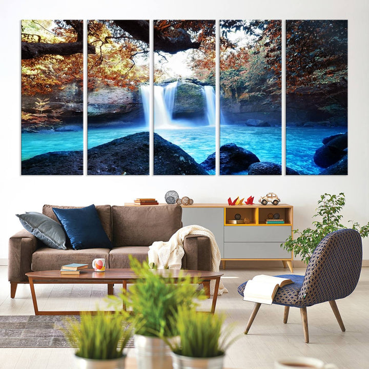 Large Wall Art Waterfall Canvas PrintGreat Double Waterfalls with Bright Water in Forest