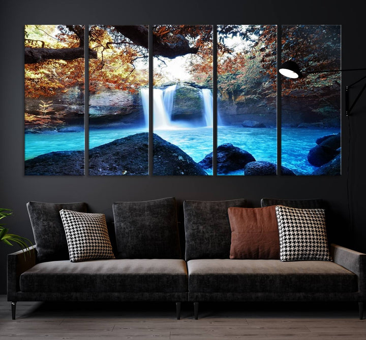 Large Wall Art Waterfall Canvas PrintGreat Double Waterfalls with Bright Water in Forest