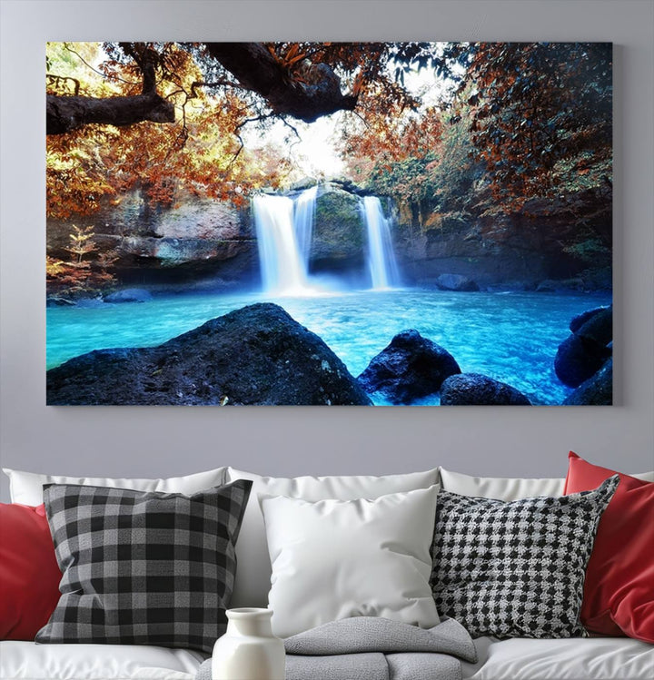 Large Wall Art Waterfall Canvas PrintGreat Double Waterfalls with Bright Water in Forest