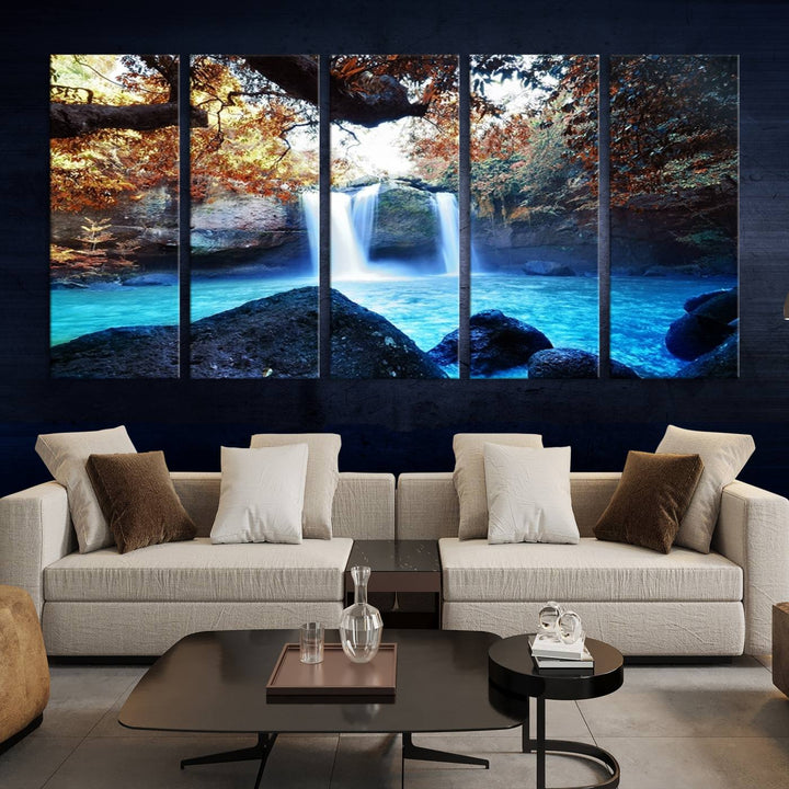 Large Wall Art Waterfall Canvas PrintGreat Double Waterfalls with Bright Water in Forest