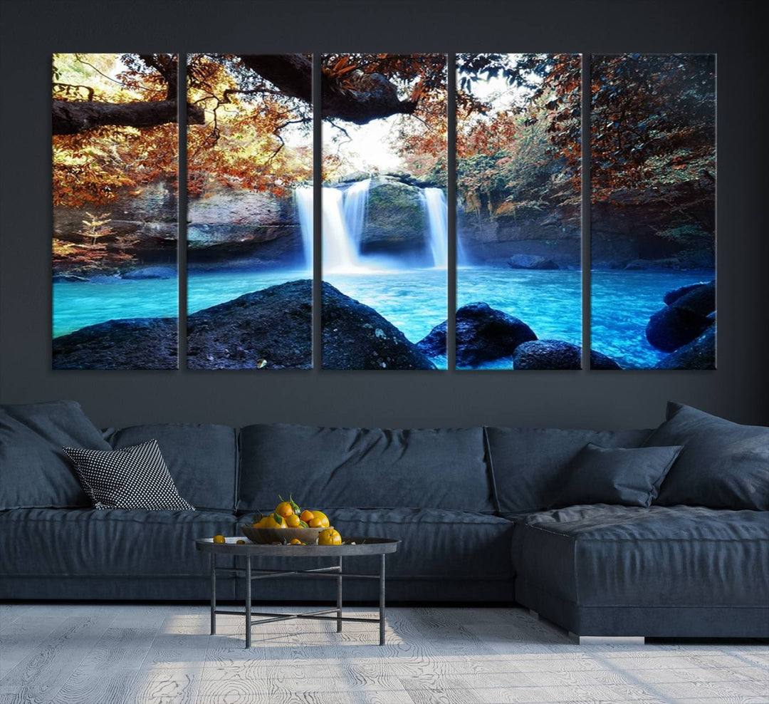 Large Wall Art Waterfall Canvas PrintGreat Double Waterfalls with Bright Water in Forest