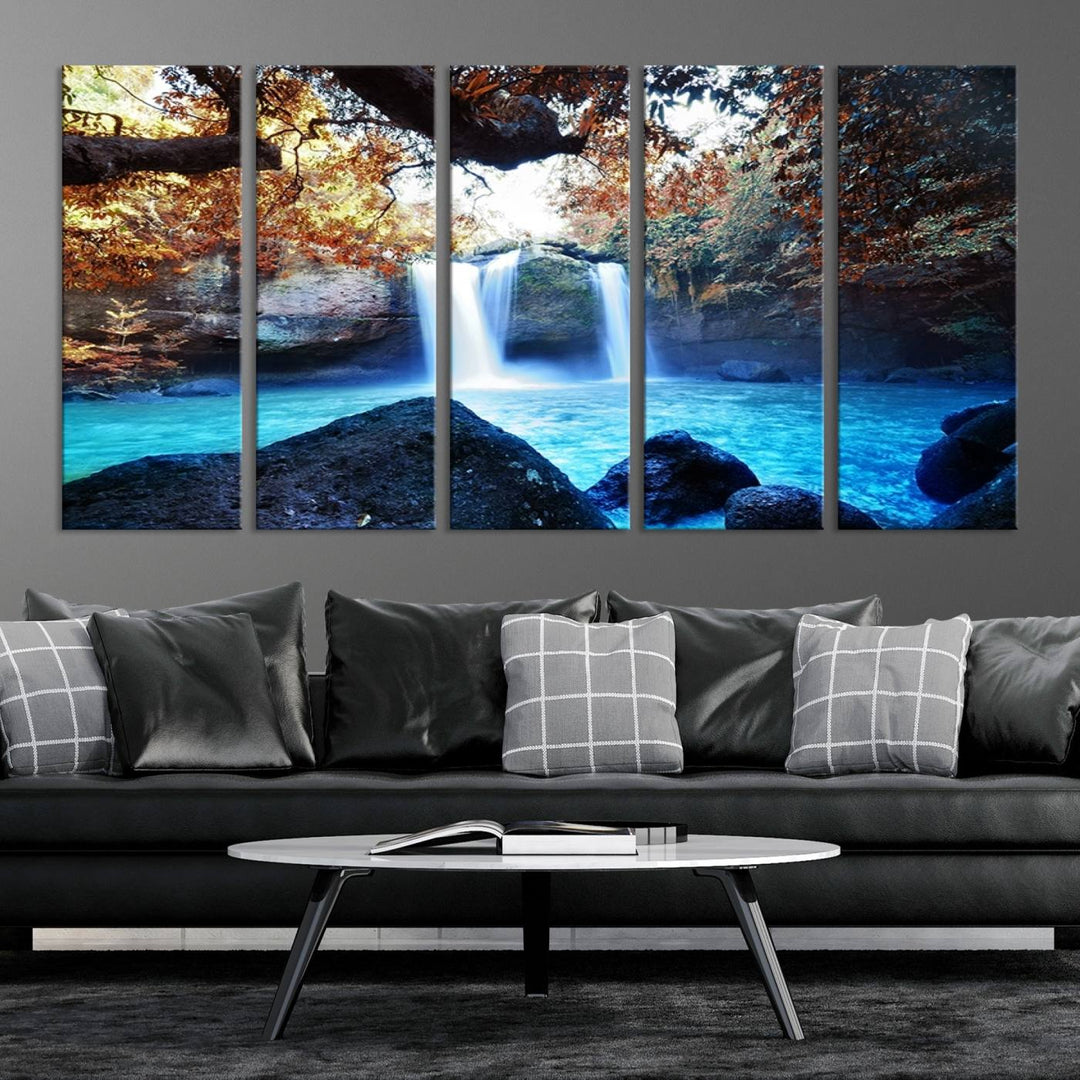 Large Wall Art Waterfall Canvas PrintGreat Double Waterfalls with Bright Water in Forest