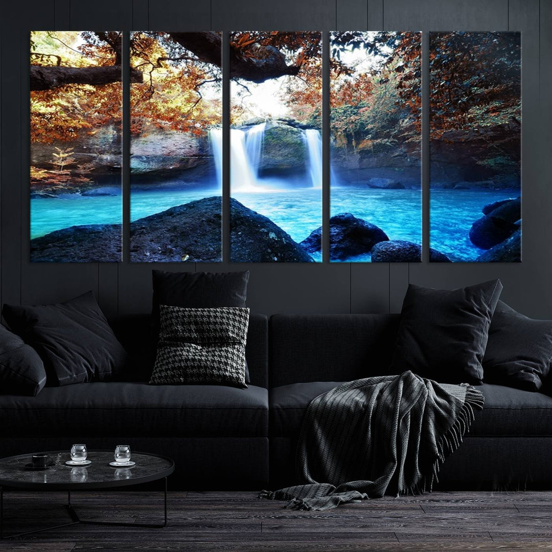 Large Wall Art Waterfall Canvas PrintGreat Double Waterfalls with Bright Water in Forest