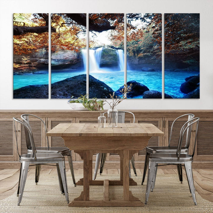 Large Wall Art Waterfall Canvas PrintGreat Double Waterfalls with Bright Water in Forest