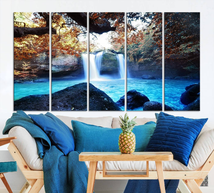 Large Wall Art Waterfall Canvas PrintGreat Double Waterfalls with Bright Water in Forest