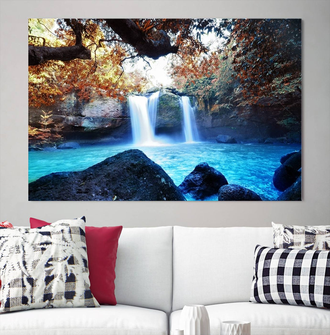 Large Wall Art Waterfall Canvas PrintGreat Double Waterfalls with Bright Water in Forest