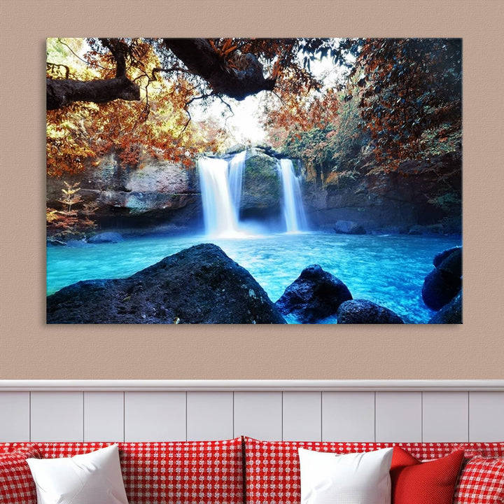 Large Wall Art Waterfall Canvas PrintGreat Double Waterfalls with Bright Water in Forest