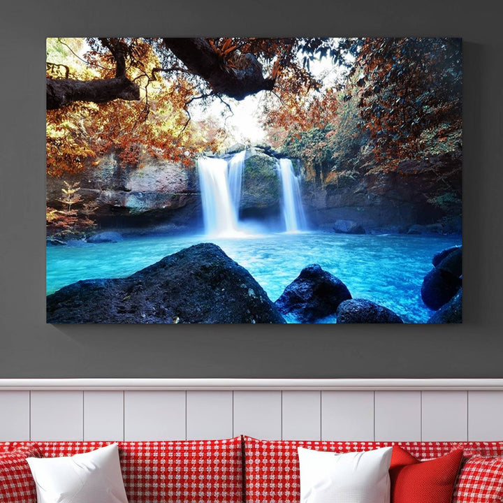 Large Wall Art Waterfall Canvas PrintGreat Double Waterfalls with Bright Water in Forest