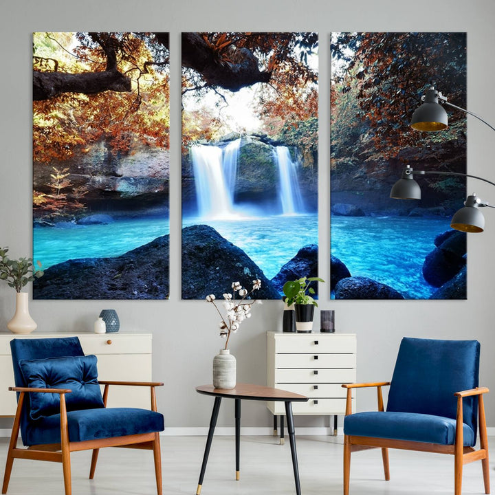 Large Wall Art Waterfall Canvas PrintGreat Double Waterfalls with Bright Water in Forest