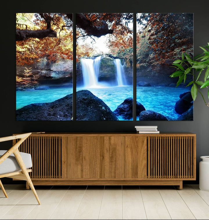 Large Wall Art Waterfall Canvas PrintGreat Double Waterfalls with Bright Water in Forest