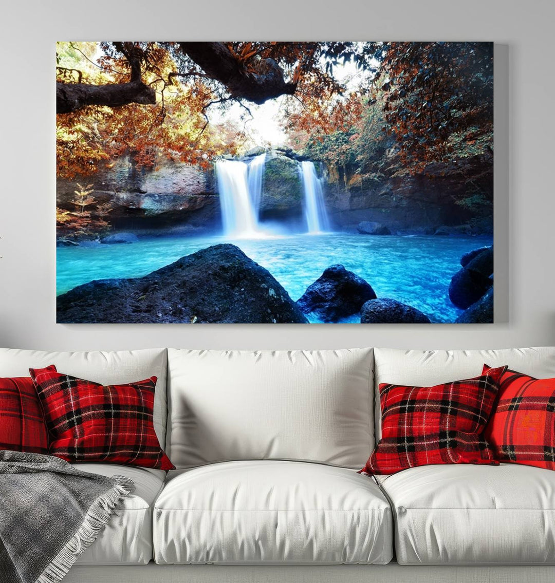 Large Wall Art Waterfall Canvas PrintGreat Double Waterfalls with Bright Water in Forest