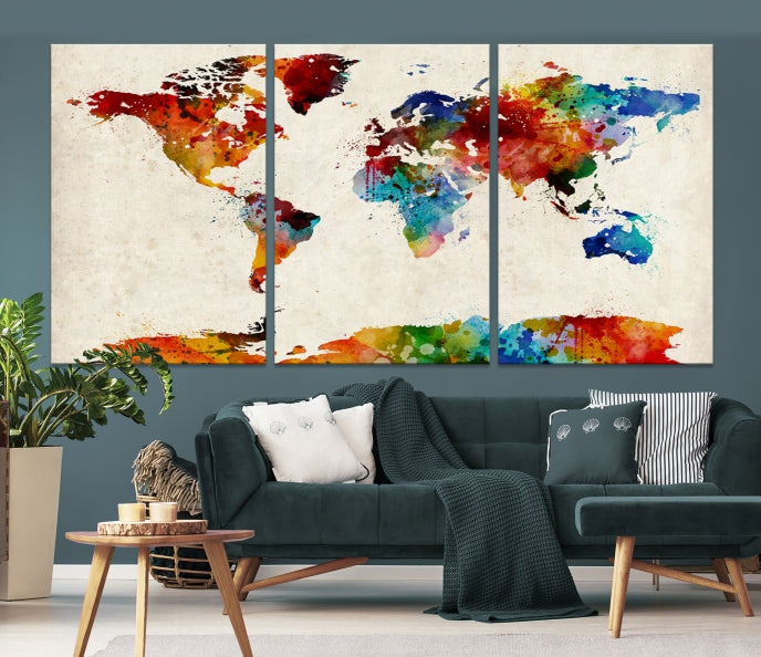 Large Wall Art World Map Watercolor Canvas Print