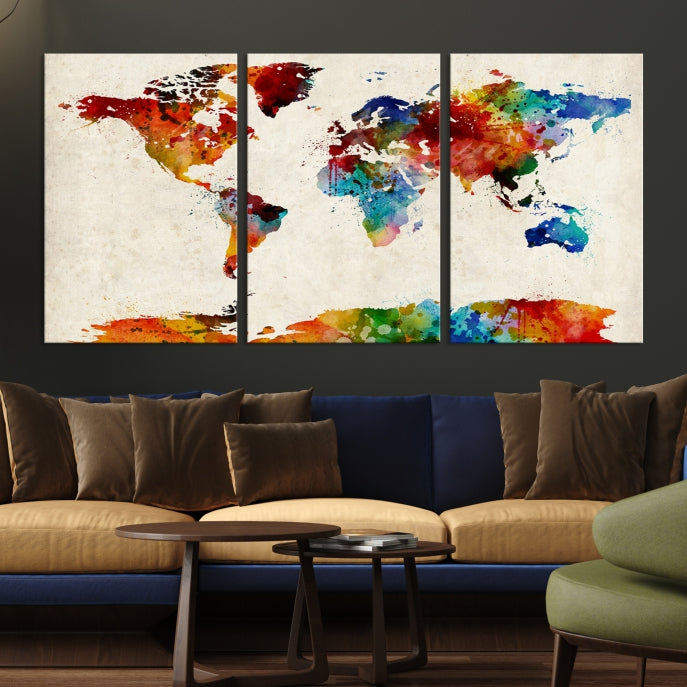 Large Wall Art World Map Watercolor Canvas Print