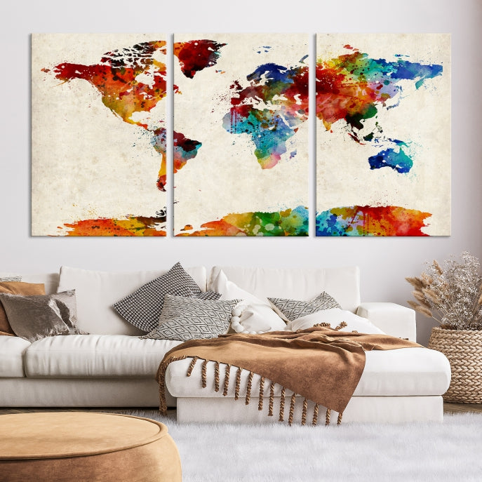 Large Wall Art World Map Watercolor Canvas Print