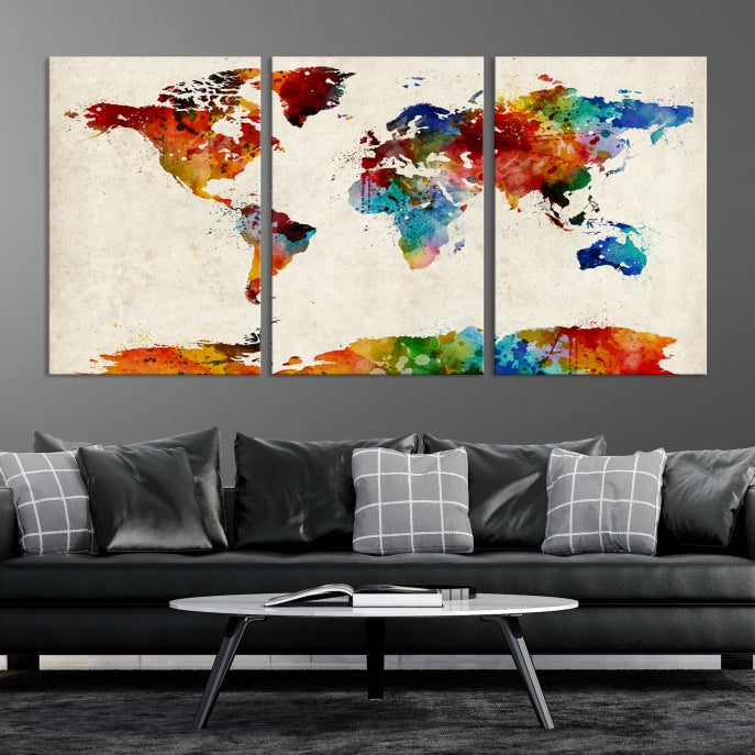 Large Wall Art World Map Watercolor Canvas Print