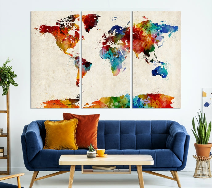 Large Wall Art World Map Watercolor Canvas Print