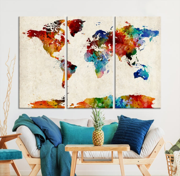 Large Wall Art World Map Watercolor Canvas Print