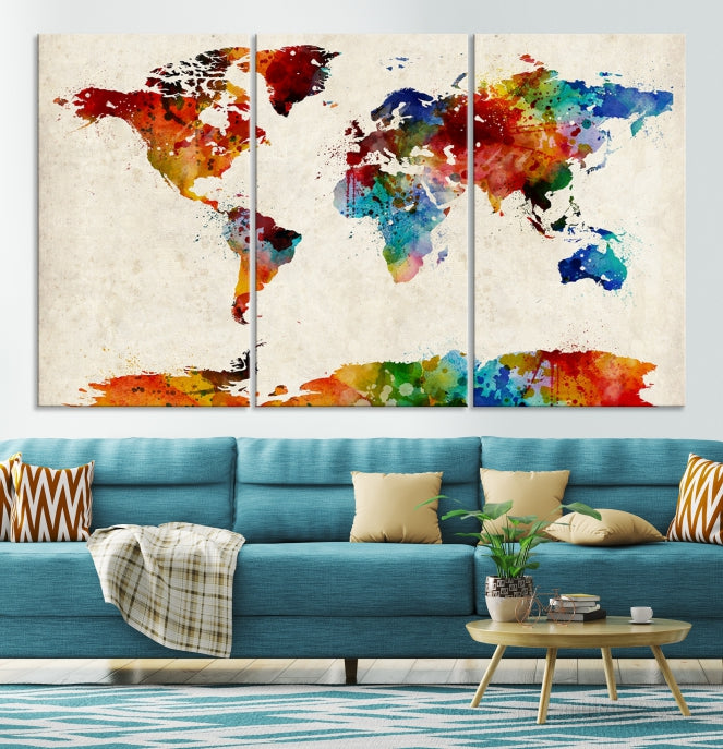 Large Wall Art World Map Watercolor Canvas Print