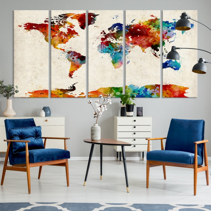 Large Wall Art World Map Watercolor Canvas Print