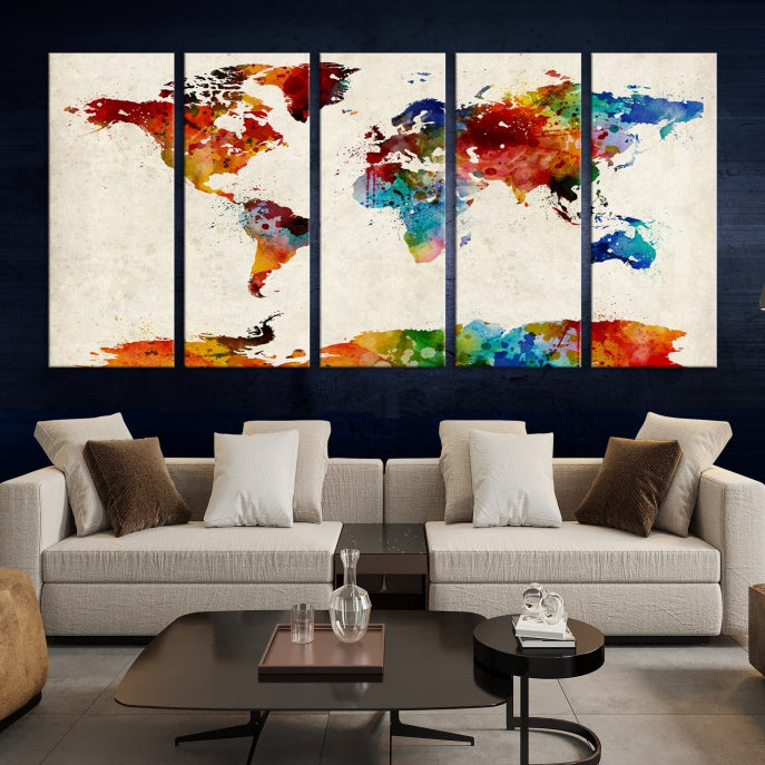 Large Wall Art World Map Watercolor Canvas Print